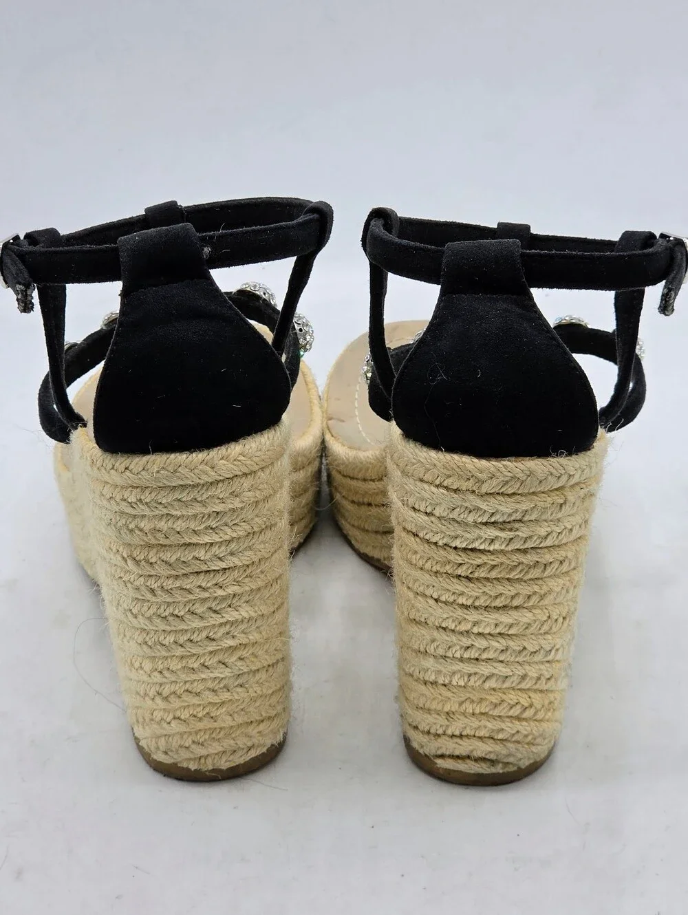 Skemo Rhinestone Espadrille Wedge Sandals Black Suede Strappy Size 7
